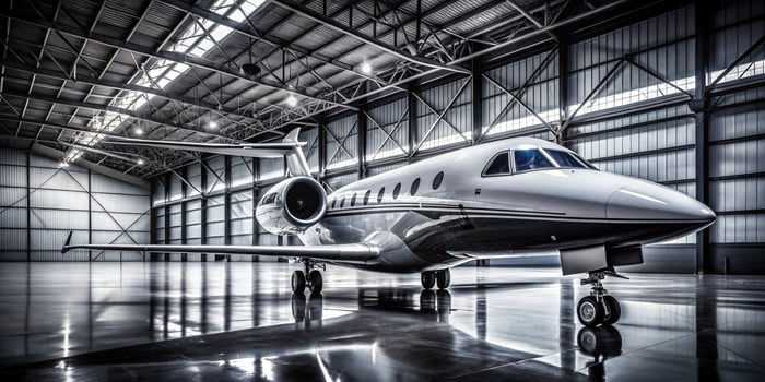 A private jet sitting in a hangar photo