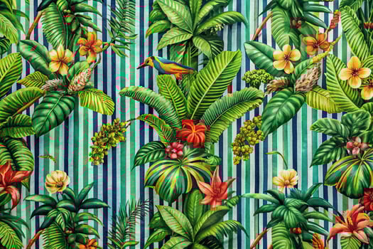Tropical fabric with tropical plants and birds photo
