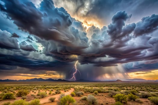 A stormy sky with lightning and clouds over a desert photo