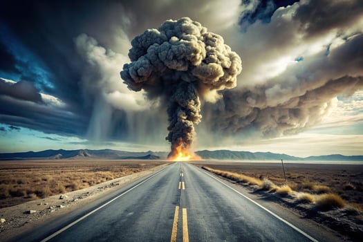 A road with a large explosion in the middle of it photo
