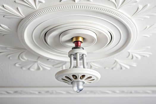 water, stock photo, fire safety, sprinkler nozzle, emergency, technology, protection, symmetrical, White pendent sprinkler nozzle with escutcheon on white symmetrical ceiling photo