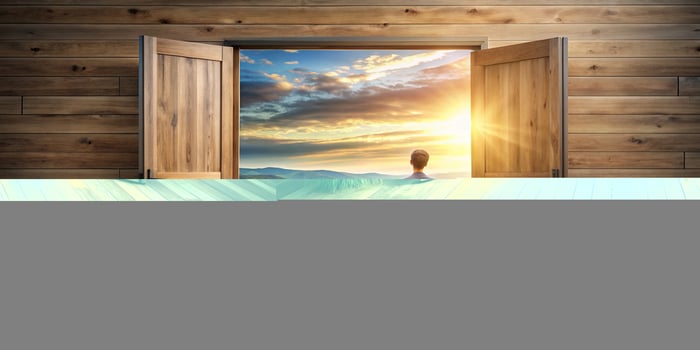A photo of a person opening a wooden door to reveal a breathtaking natural landscape with leading lines drawing the viewer s eye into the distance, pathway, serenity, beauty, outdoors