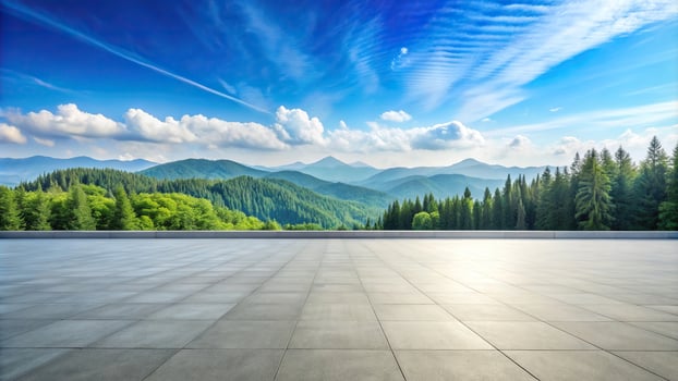 high angle, wilderness, scenery, environment, forest, panoramic, vast, Empty square floor and green forest with mountain natural landscape under blue sky from a high angle view photo