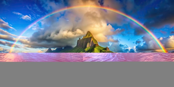 A stunning rainbow arcs over the majestic mountain Otemanu in Bora Bora Tahiti captured at a unique tilted angle, relaxation, serenity, tilted angle, tropical, landscape,rainbow, Tahiti photo