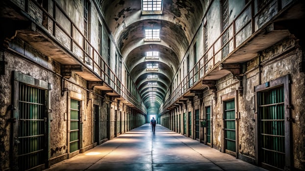 silhouette, corridor, interior, abandoned, desolate, Silhouette of a desolate corridor in the interior of an abandoned penitentiary prison photo