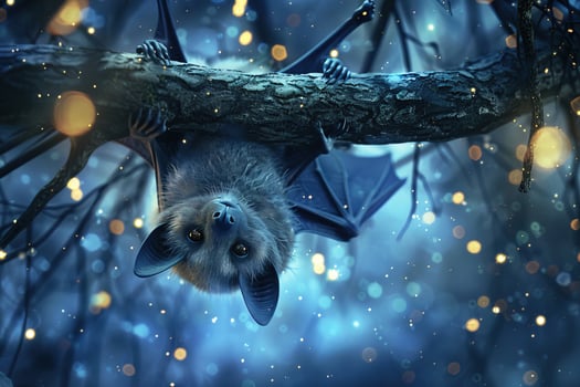 cute cartoon bat on a branch on night bokeh background photo