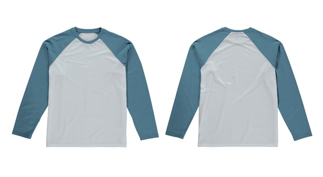 White long sleeve t shirt with blue raglan sleeves, front and back view photo