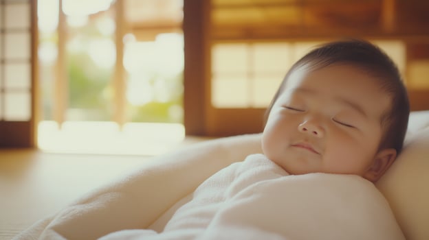 Peaceful Moment of a Japanese Newborn Baby Resting Calmly in Serene Environment for Print, Poster, or Card Design photo