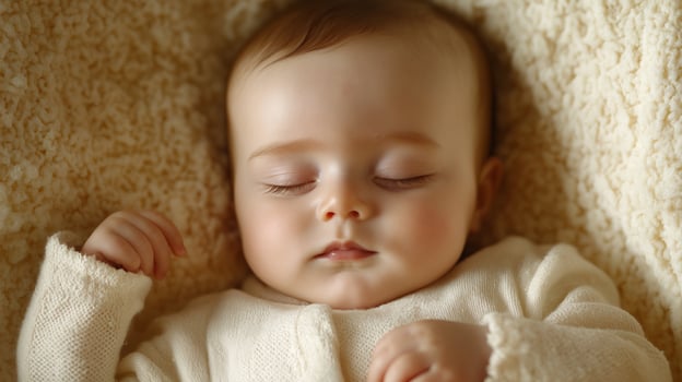 Peaceful Newborn Baby Sleeping, Western European Baby Calm and Serene, Soft Cream Blanket, Ideal for Design, Print, Card, Poster photo