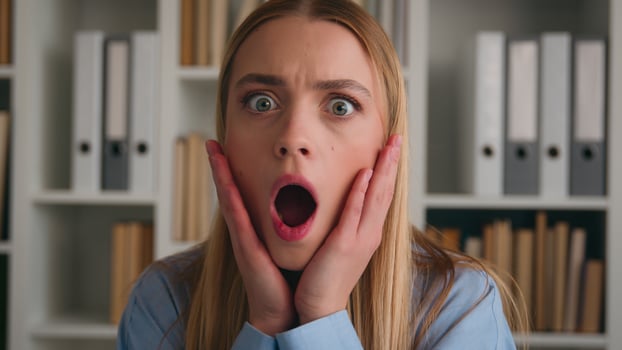 Close up business Caucasian woman amazed surprised shocked student girl happy excited businesswoman astonish female in office open mouth shock surprise wonder good news winning victory achievement photo