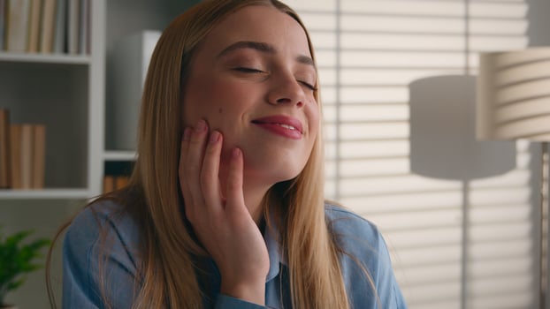 Happy girl Caucasian woman daydreaming sitting at table library home office female business lady student inspired dreamy businesswoman smile planning future enjoy happiness dream pause break relax photo