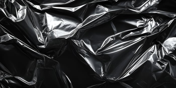 A close-up of crumpled metallic foil in a shiny silver color, creating a textured surface with reflective highlights and abstract folds. photo