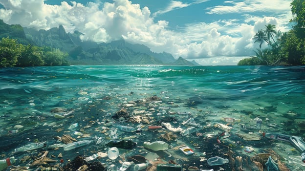 The sea is littered with garbage, a composition of a healthy environment photo