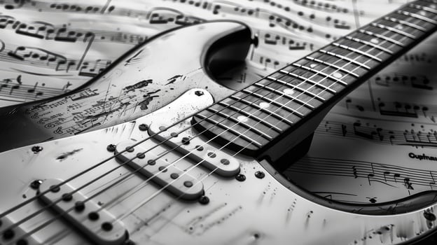 Vintage black electric guitar on musical notes, contrasting an artistic vibe. photo
