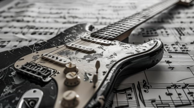 Vintage black electric guitar on musical notes, contrasting an artistic vibe. photo