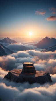 A mountain peak above the clouds with a glowing empty platform at the summit. photo