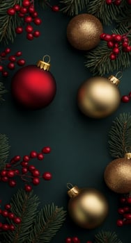 Festive holiday decor with ornaments and greenery on a dark green background photo