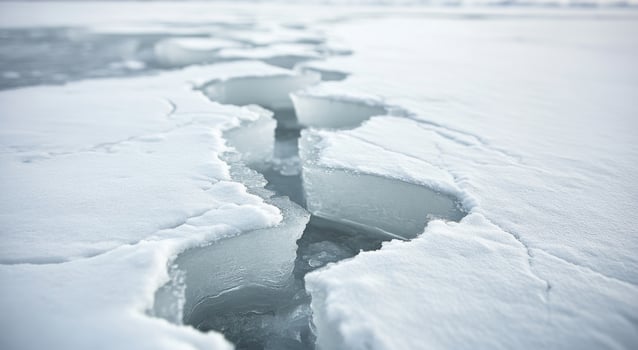 Cracked ice formations on a frozen lake during winter's twilight photo