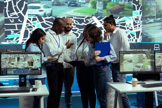 Group of agency employees sharing insight on cargo logistics and gps coordinates to help with order tracking in traffic. Operators use satellite map and CCTV radar cameras, tracing parcels. photo