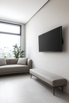Minimalist media room with a sleek sofa, wall-mounted TV, and minimal decor for a clean aesthetic photo