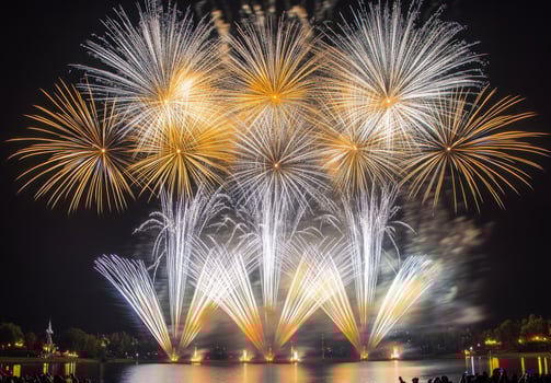 A spectacular finale of fireworks, with layers of colors and light filling the sky over a lake photo