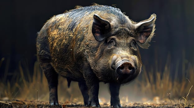 A close-up photograph of a wild boar walking through tall grass and bushes, photo