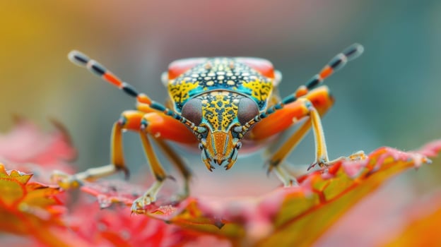 A close-up of a vibrant, multi-colored insect perched atop a red flower or leaf. photo