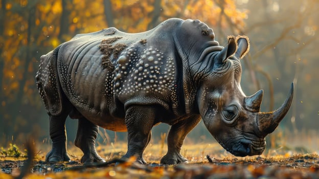 A majestic rhinoceros ambles through the serene, autumn-colored forest. photo
