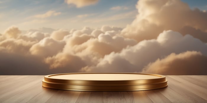 luxury golden podium product showcase stage background platform with clouds around it. photo
