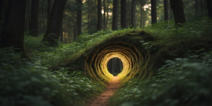 Time passing through forest of numbers creating green energy tunnel. photo