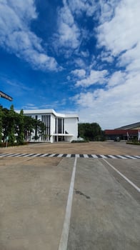 Beautiful white house photo under clear beautiful blue sky in Portrait. Modern architecture with minimalistic Design.