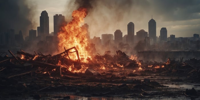 Apocalyptic Inferno Devouring a Ruined Cityscape. photo