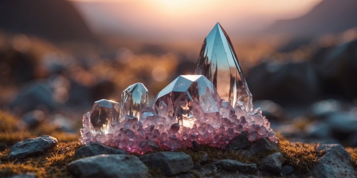An alien landscape with giant crystal formations rising from the ground. photo