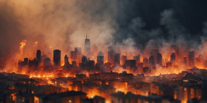 A City Engulfed in Fire and Smoke from Above. photo