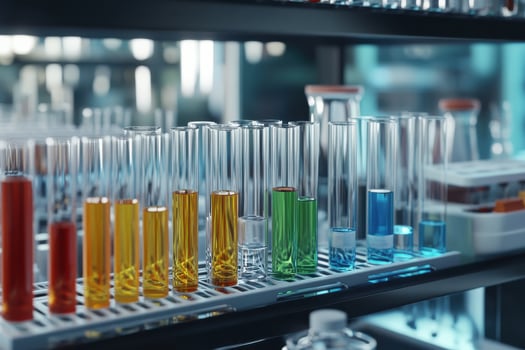 Colorful test tubes arranged on laboratory shelf photo