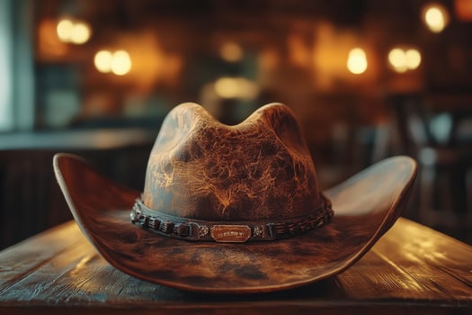A rustic cowboy hat rests on an old wooden table photo