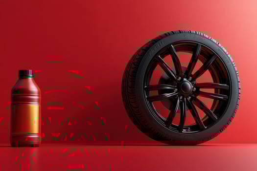 Creative display of a tire and bottle against bold red background photo