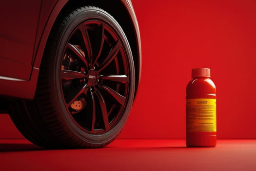 A striking car detail enhances a vibrant red backdrop photo