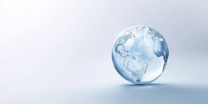 A clear globe of Earth is displayed on a surface photo