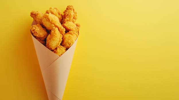 Fried chicken meal crunchy food on brown paper cone bag take away copy space photo