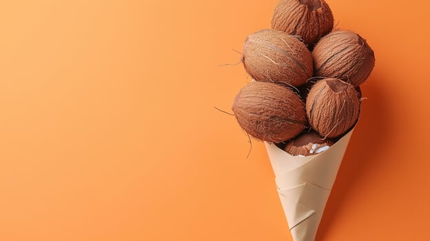 Coconut fruit on brown paper wrapped cone copy space orange background photo