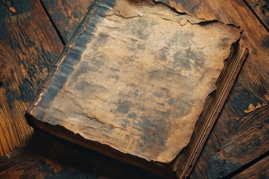 An ancient book resting on a rustic wooden table photo