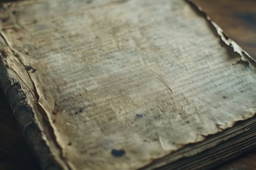 Ancient manuscript resting on a wooden table in dim light photo