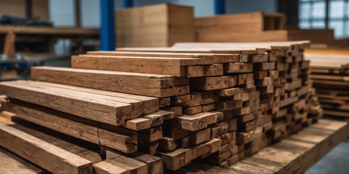 Stacks of wooden planks in a workshop, evoking craftsmanship and the woodworking trade, suitable for use in instructional content or hardware marketing. photo