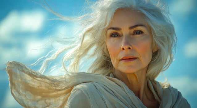 A woman with long white hair is standing in the sun. She is wearing a white scarf and has a white shirt on photo