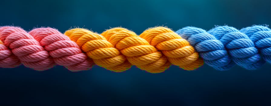 A rope with three different colored strings. The colors are pink, yellow and blue. The rope is twisted and knotted photo
