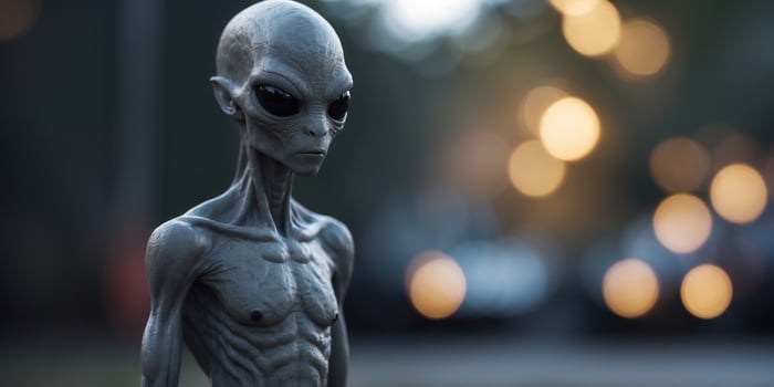 Grey Alien Standing with Blurry Background. photo