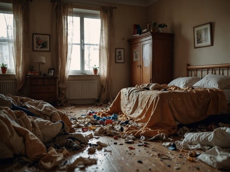 Messy bedroom, chanos in a room interior full of dirty cloas thrown on a floor, disorder indoors Unmande annd untidy. photo