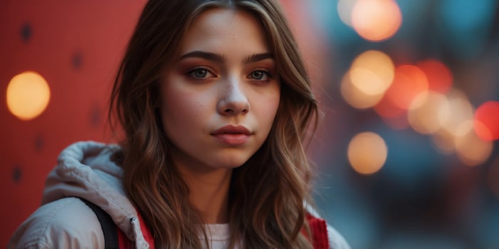 A young pretty teenage girl on bright red background. photo