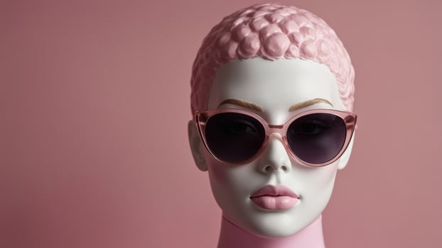 Mannequin wearing black sunglasses on pink background. photo